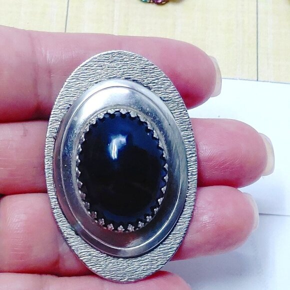 Vintage Large Oval Dark Brown Stone Silver Tone Brooch Pin Pendant - Picture 1 of 6
